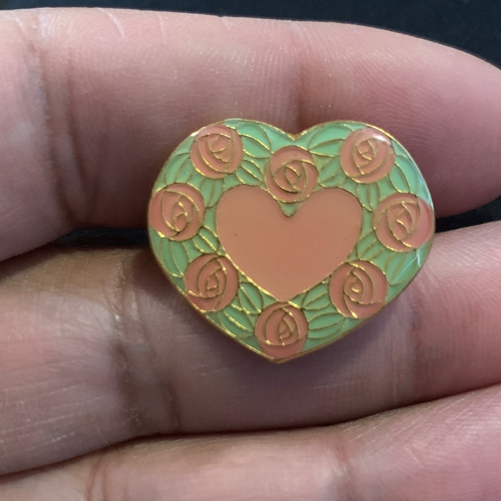 Vintage Heart-Shaped Enamel Lapel Pin with Floral Design